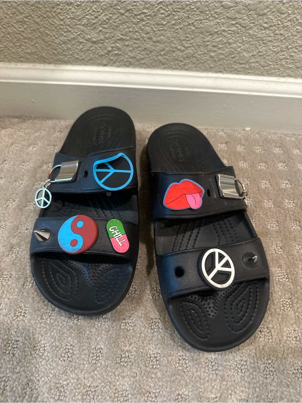 CROCS Black Kids Slide Sandals with Colorful Charm Accents